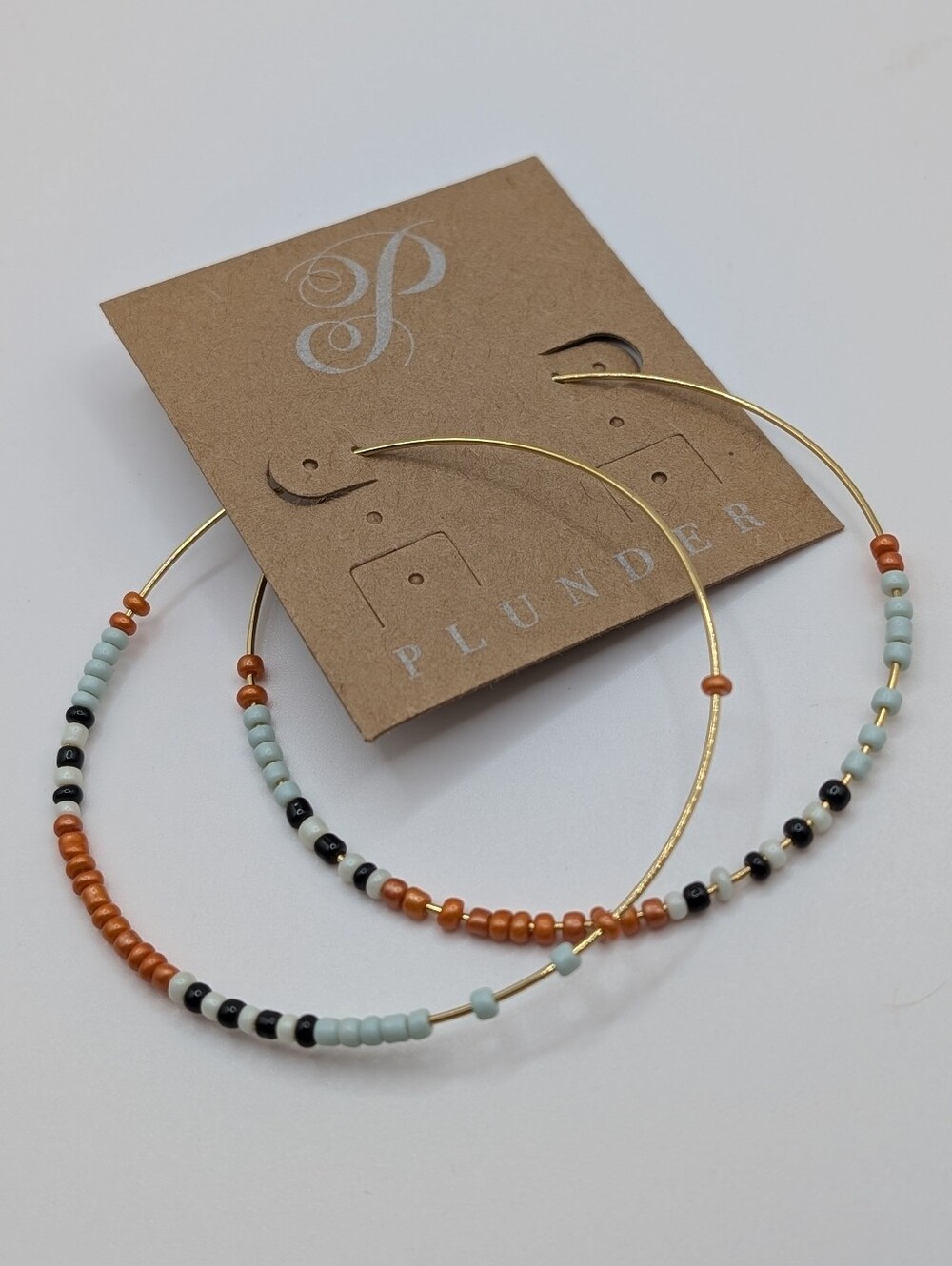 Plunder Gold Hoop Earrings with Orange, Black & Pale Blue Beads NEW!